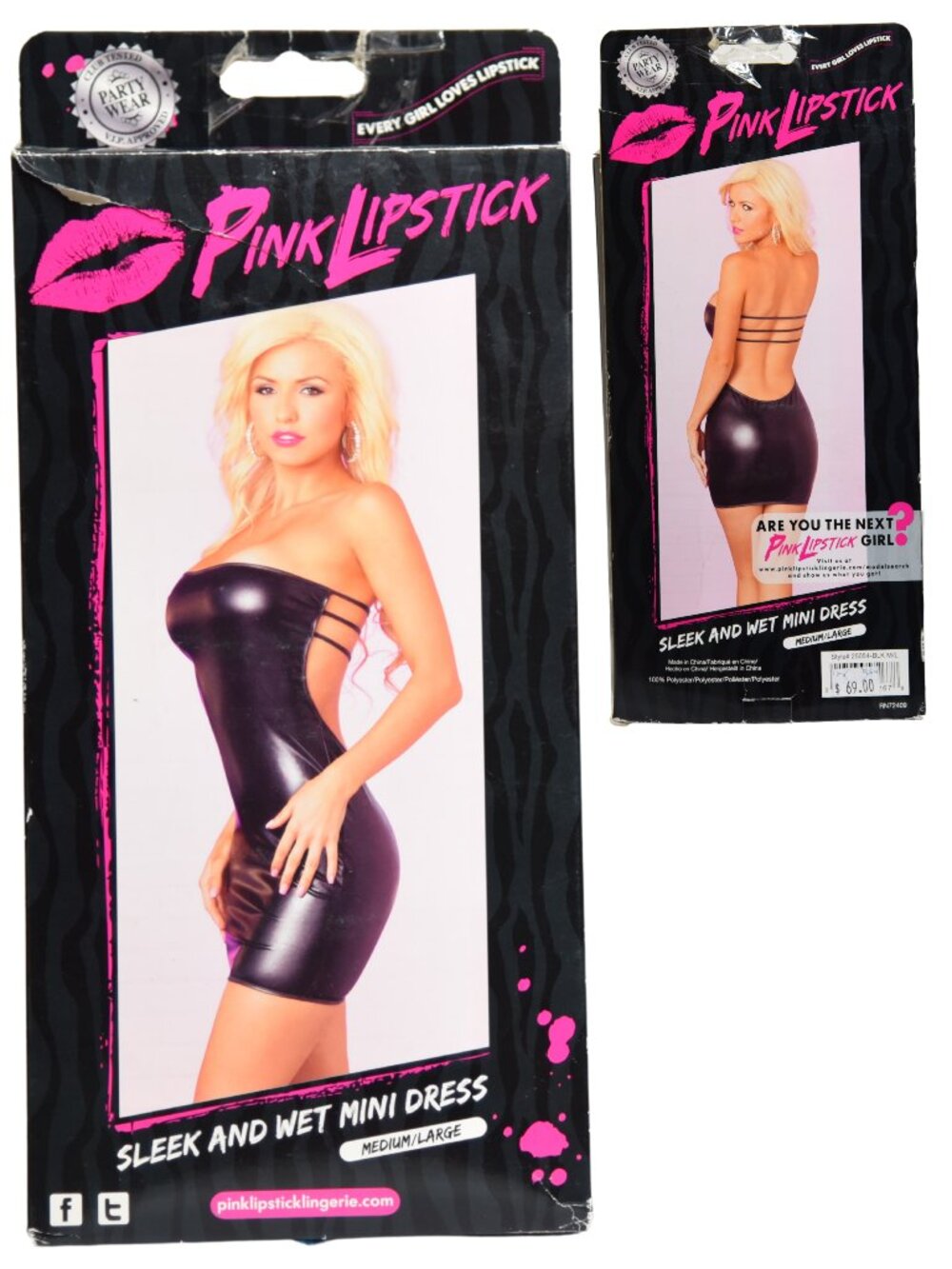 Pink Lipstick NWT Black Sleek Wet Look Mini Dress Size M/L Archival MSRP $69